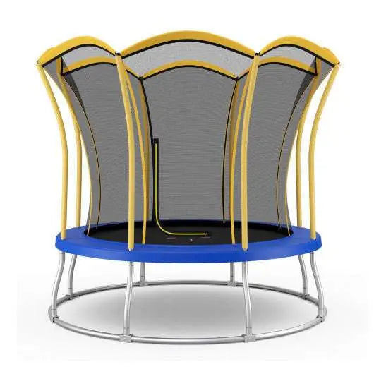 Yellow flower-shaped 10 ft trampoline with blue jumping mat and silver steel legs