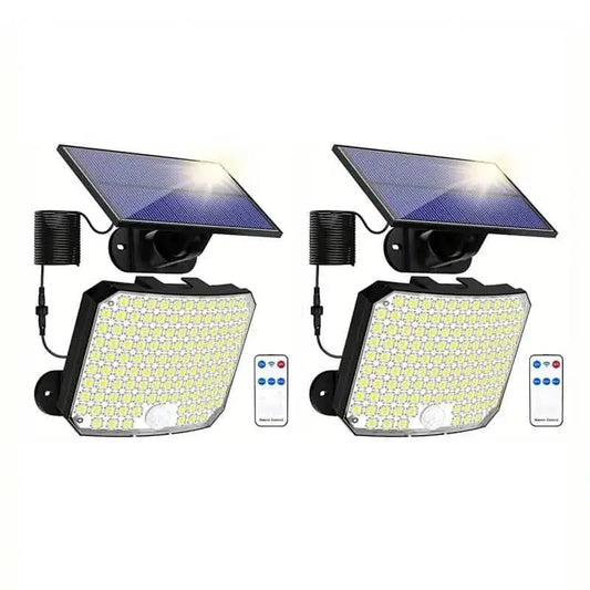 Solar LED motion sensor flood light set with two fixtures, solar panels, and remote controls