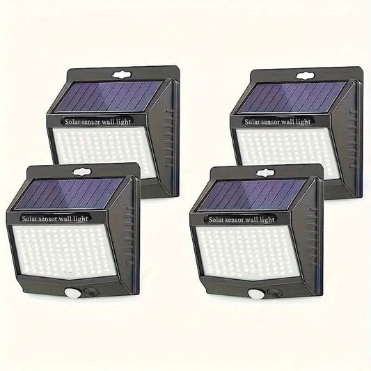 Solar sensor wall light set of four, dark housings with square solar panels and LED panels