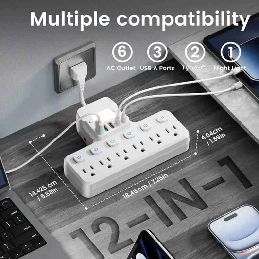 12-in-1 Adjustable Desk Lamp Power Strip – 6 AC Outlets, 3 USB-A & 2 Type-C Ports, Surge Protection Cartsfy Inc.