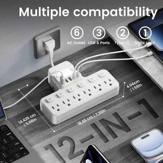12-in-1 Adjustable Desk Lamp Power Strip – 6 AC Outlets, 3 USB-A & 2 Type-C Ports, Surge Protection DailySale White Black White-Black-