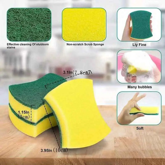 Kitchen cleaning sponge set of multiple green scrub and yellow foam rectangular blocks.
