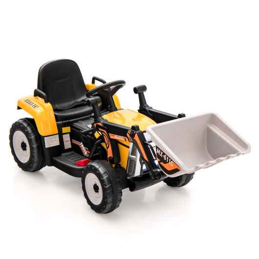 Yellow kids ride-on excavator with seat, adjustable arm, and front bucket