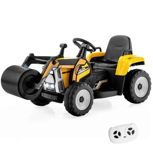 Yellow kids ride-on road roller with front drum and remote controller