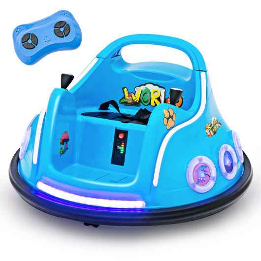 12V electric ride-on car in blue with remote control and flashing LED headlight strips