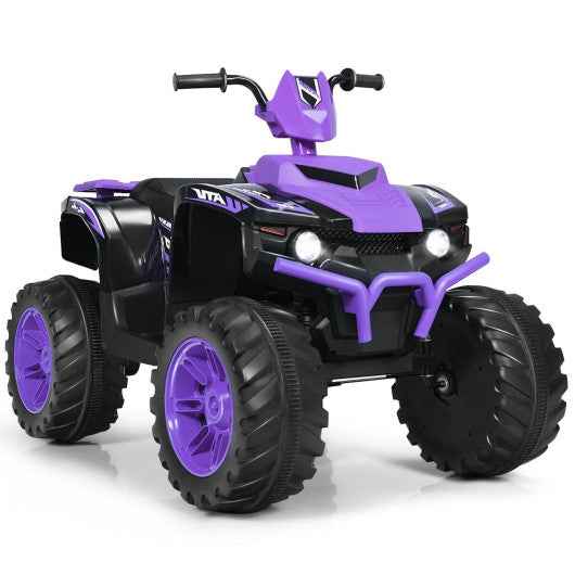 Purple kids electric 4-wheeler ATV ride-on car with LED front lights and chunky tires