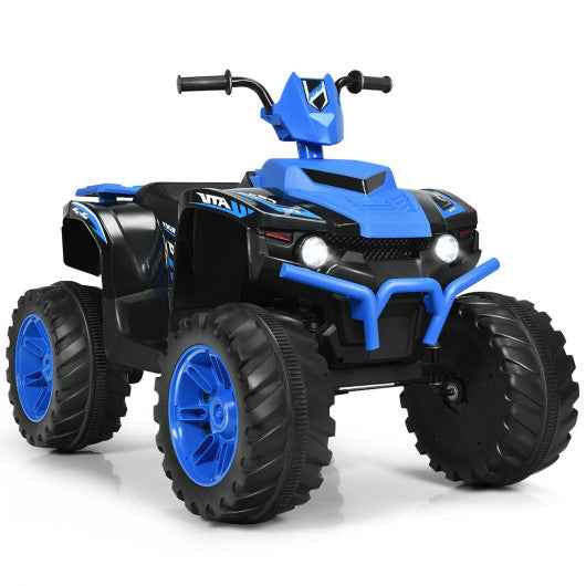 Kids ride-on ATV with blue body, black frame, LED headlights, and treaded tires