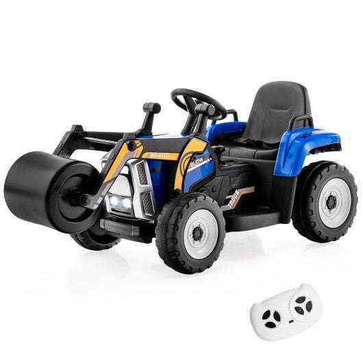 Blue kids ride-on road roller toy with black seat and white paw-print remote control