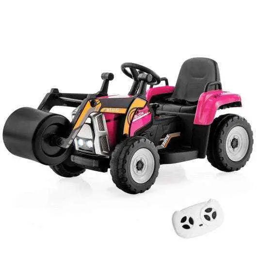 Pink kids ride-on road roller toy with black roller front and steering wheel