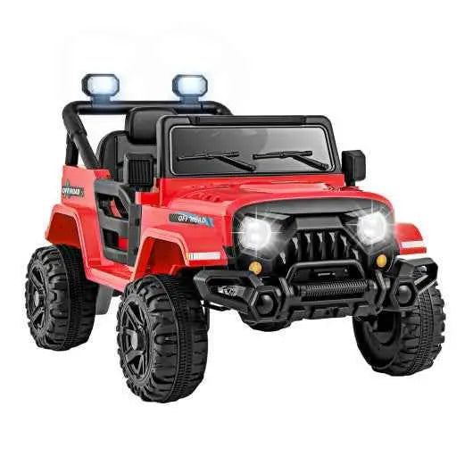 Red kids ride-on truck with black off-road tires and front headlights