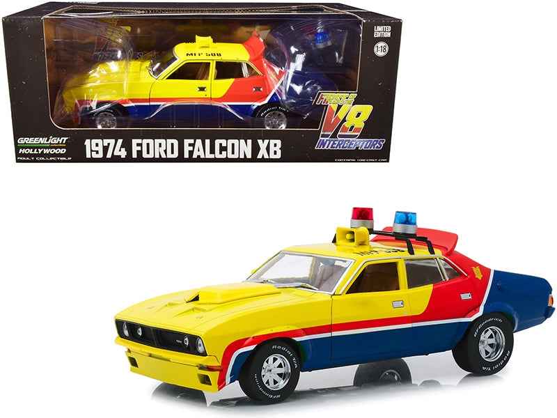 1974 Ford Falcon XB 4-Door Sedan RHD (Right Hand Drive) Yellow and Blue with Red Stripes "MFP 508" "First of the V8 Interceptors" (1979) Movie 1/18 Diecast Model Car by Greenlight Miniature Motors Default Title Default Title-