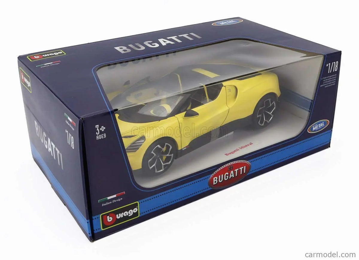 Bugatti W16 Mistral 1:18 model car in yellow blister-style display box