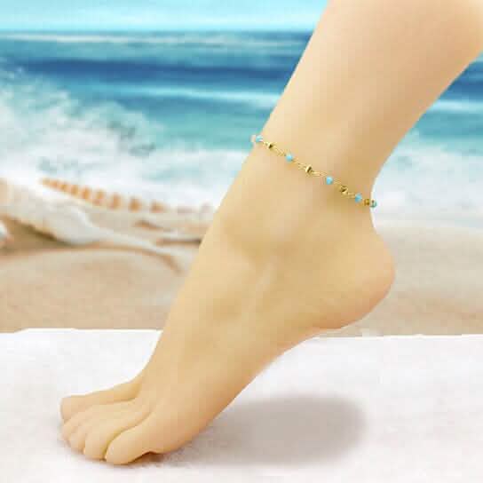 18k Gold Filled High Finish Polish Turquoise Ball Ankle Bracelet - Cartsfy Inc.