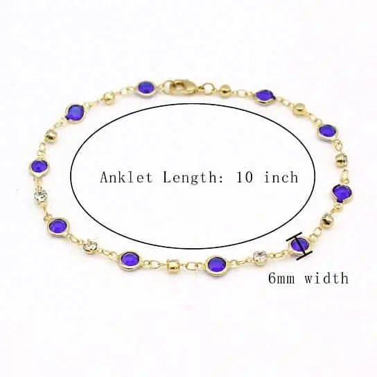 Gold-tone blue crystal ankle bracelet, 10 in length and 6 mm width