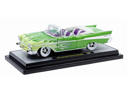1957 Chevrolet Bel Air Convertible Green Metallic with Flame Graphics and Purple and White Interior Limited Edition to 4050 pieces Worldwide 1/24 Diecast Model Car by M2 Machines Miniature Motors Default Title Default Title-