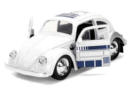 1:32 diecast Volkswagen Beetle model car, white with blue side graphics and chrome wheels