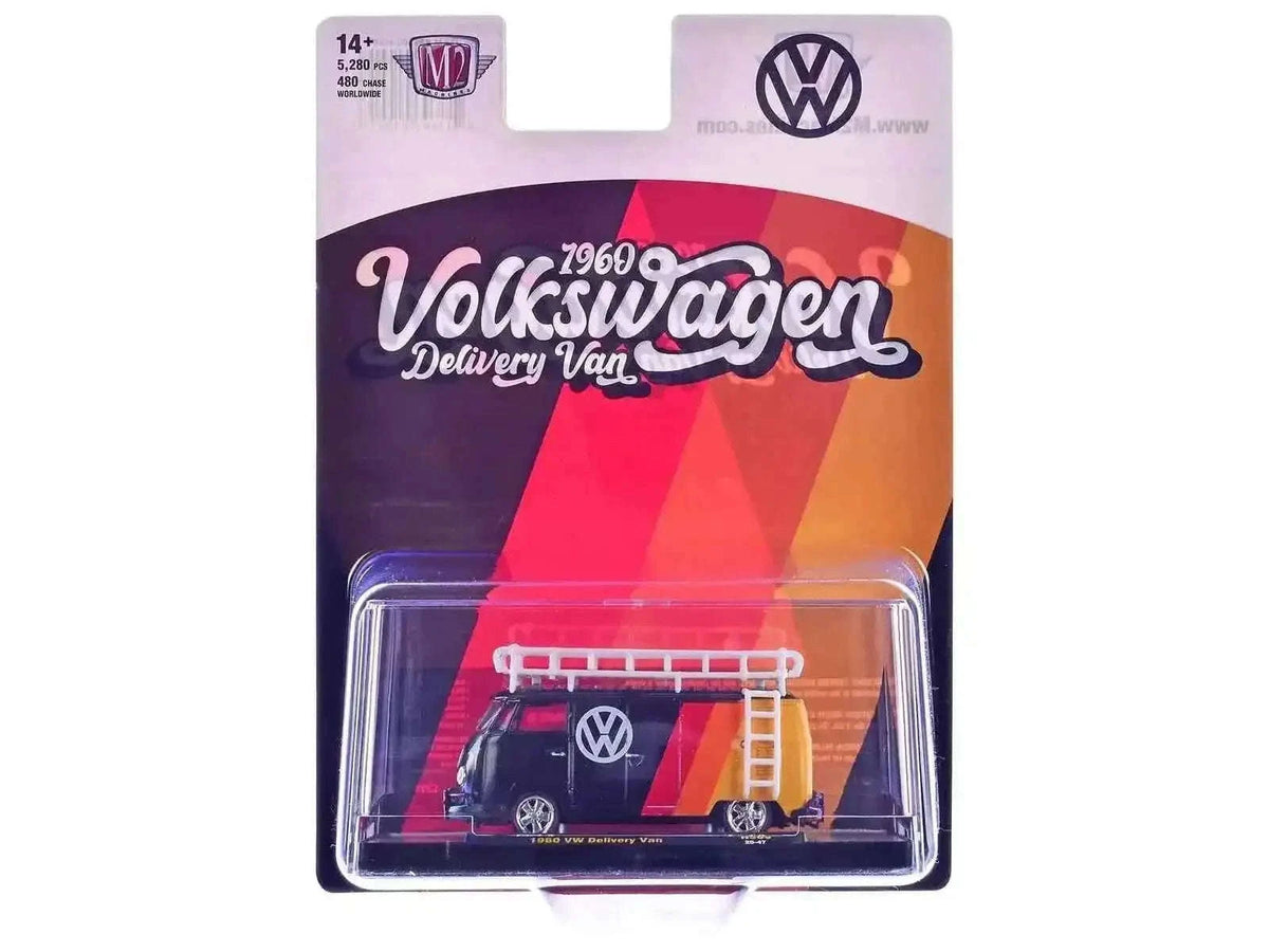 1960 Volkswagen Delivery Van Black with Stripes and White Roof Rack Limited Edition to 5280 pieces Worldwide 1/64 Diecast Model Car by M2 Machines Cartsfy Inc.