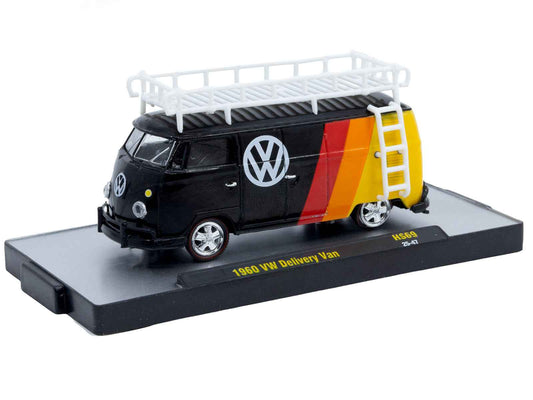 Black VW delivery van diecast model with orange-red stripe sides and white roof rack, angled