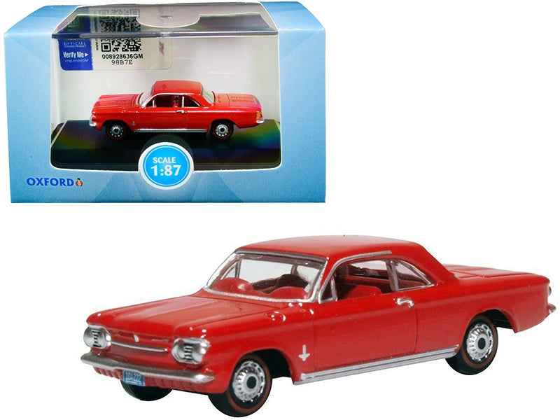 1963 Chevrolet Corvair Coupe Riverside Red with Red Interior 1/87 (HO) Scale Diecast Model Car by Oxford Diecast Miniature Motors Default Title Default Title-