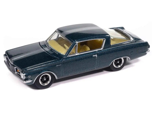 Dark blue 1:64 diecast muscle car model with silver stripe, side view