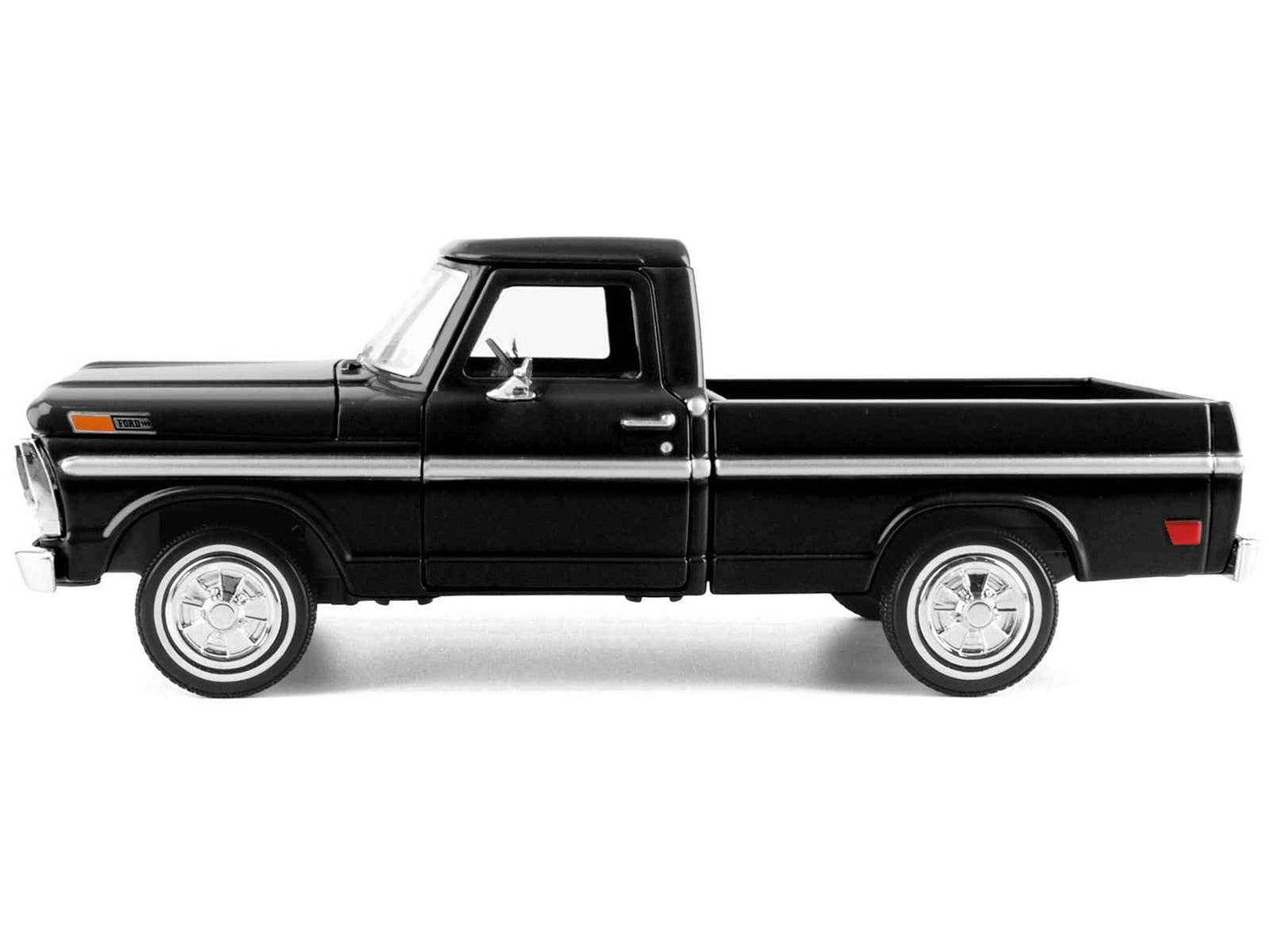 Black 1972 Ford F-100 pickup diecast model car, side profile view