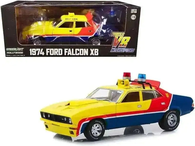 1974 Ford Falcon XB 4-Door Sedan RHD (Right Hand Drive) Yellow and Blue with Red Stripes "MFP 508" "First of the V8 Interceptors" (1979) Movie 1/18 Diecast Model Car by Greenlight Cartsfy Inc.