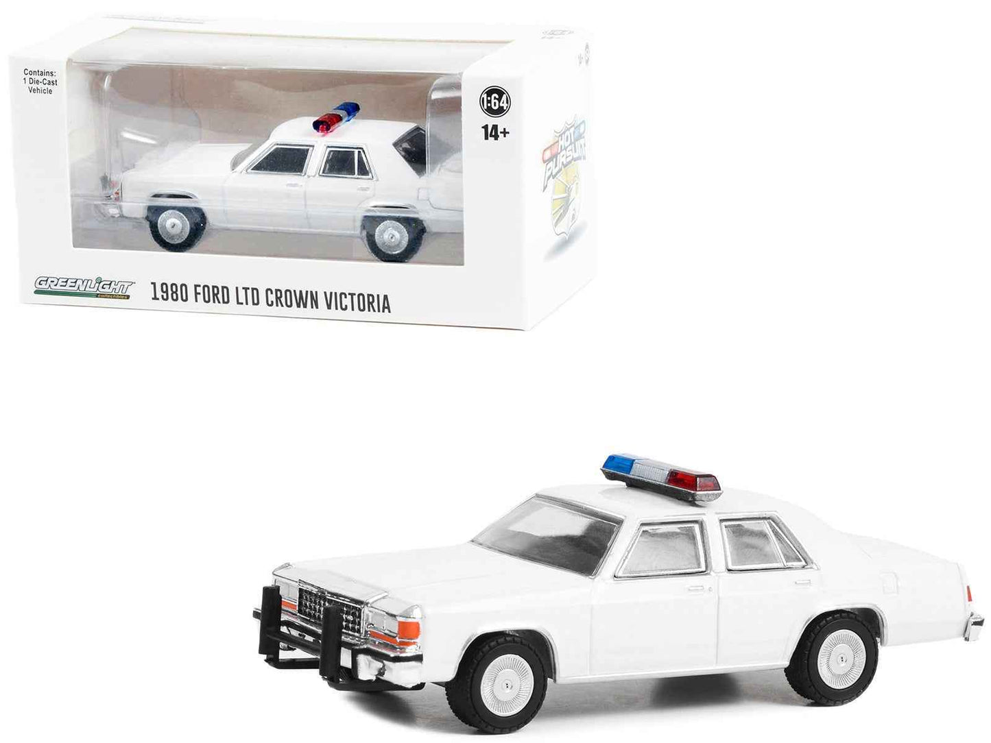 1980-1991 Ford LTD Crown Victoria Police White with Light Bar "Hot Pursuit" "Hobby Exclusive" Series 1/64 Diecast Model Car by Greenlight Cartsfy Inc.
