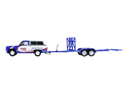 1986 Chevrolet K5 Blazer Blue and White and 1969 Chevrolet Camaro #5 Blue and White "Kyle Larson - Hendrick Motorsports" with Tandem Car Trailer "Racing Hitch & Tow" Series 6 1/64 Diecast Model Cars by Greenlight Cartsfy Inc.