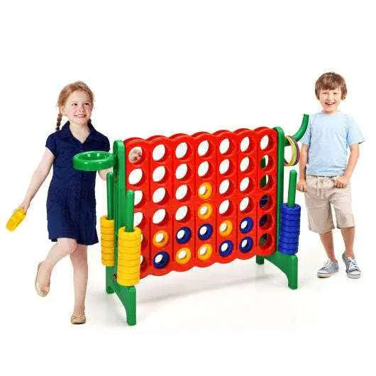 Giant 4-to-score game set with green frame, red grid, and colorful scoring discs