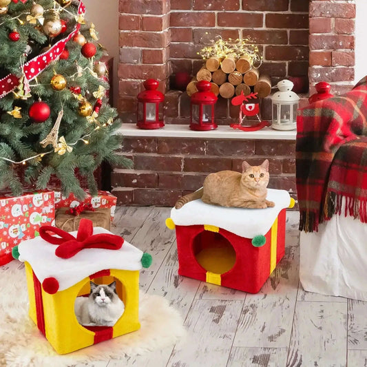 2 Gift Box Shaped Cute Christmas Cat House with Bow-Multicolor Cartsfy Inc.