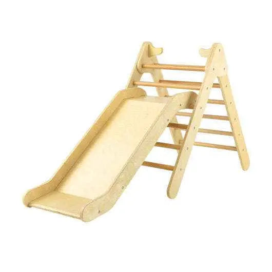 Natural wooden 2-in-1 triangle climber with attached adjustable slide