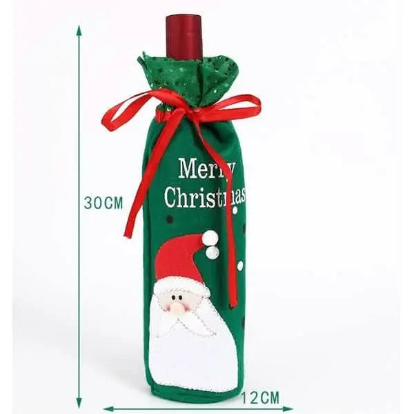 Green Christmas wine bottle bag, about 30cm tall and 12cm wide, snowman design.