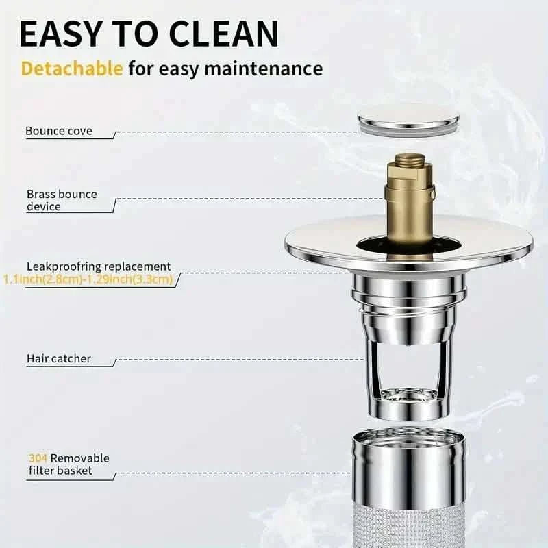Chrome and stainless steel pop-up sink stopper with mesh filter basket and removable parts