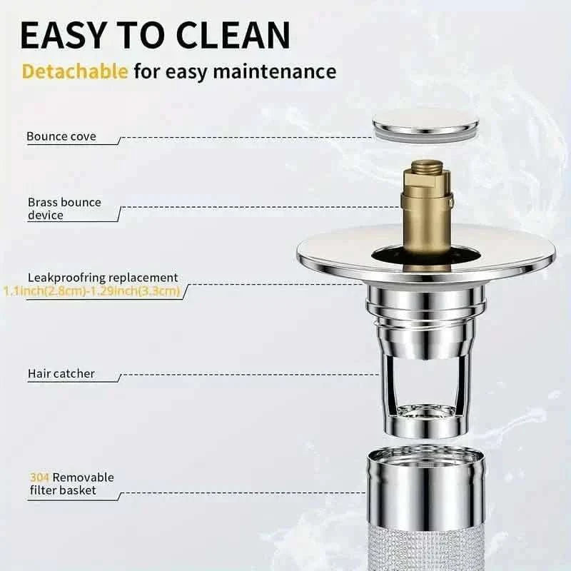 Pop-up sink stopper with removable stainless filter basket, mesh hair catcher, and brass stem