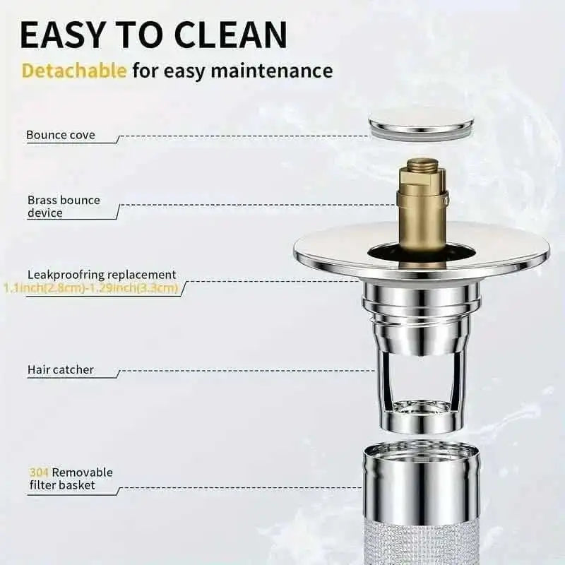 Pop-up sink stopper with removable stainless filter basket, mesh hair catcher, and brass stem