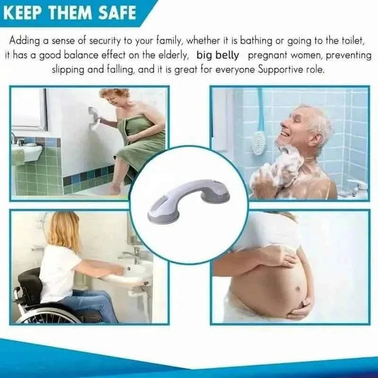 White suction-cup shower grab bar with curved handle and gray pads; two-pack.
