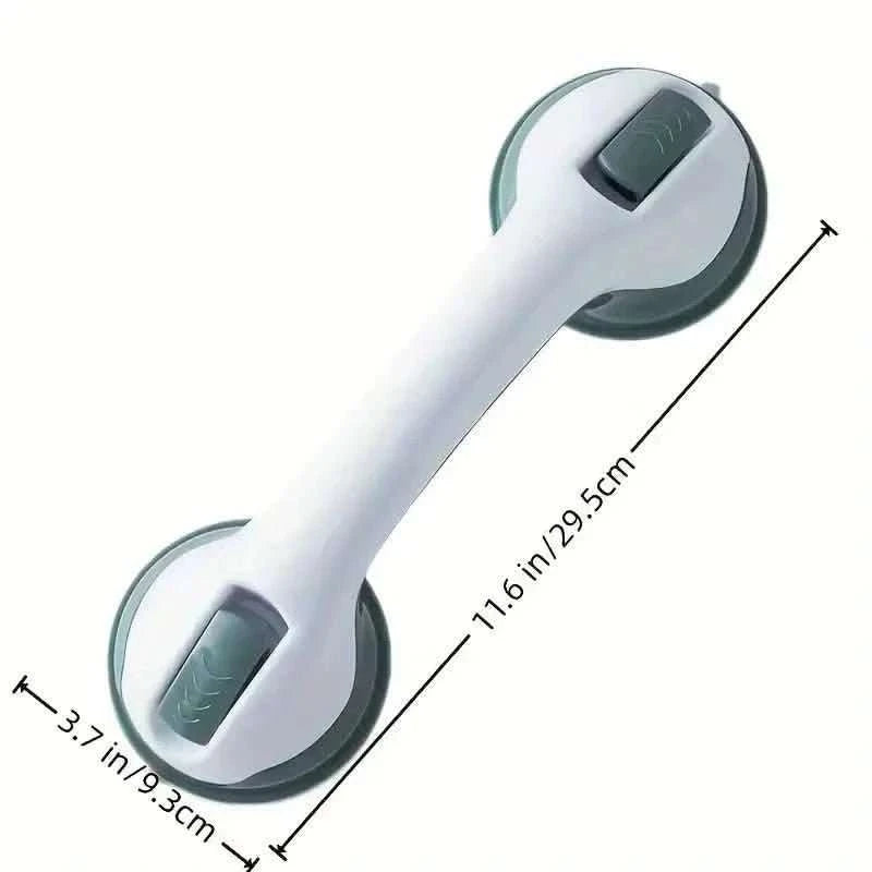 White suction-cup grab bar with gray pads, labeled size 11.6 in overall.