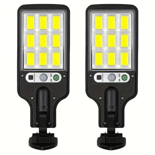 Solar street light, black housing with square LED array and motion sensor controls