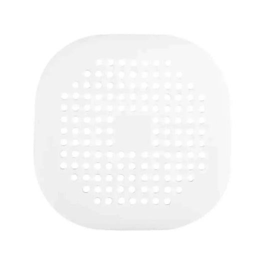 White round perforated drain strainer cover close-up, dot-hole grid for filtering.