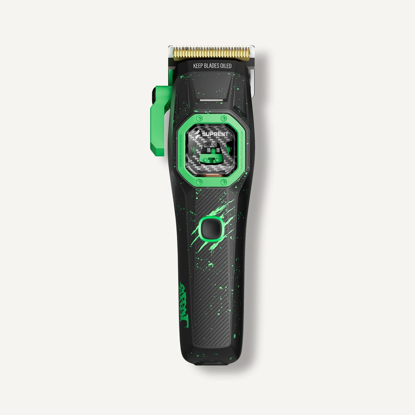Hair clipper with green handle and black body, front view standing alone.
