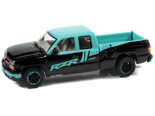 2006 Chevrolet Silverado Pickup Truck "Polaris RZR" Black and Blue "Big Country Collectibles" 2025 Series 1/64 Diecast Model Car by Auto World Cartsfy Inc.