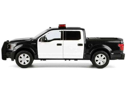 2019 Ford F-150 Lariat Crew Cab Pickup Truck Black and White with Flashing Light Bar and Front and Rear Lights and Sounds 1/27 Diecast Model Car by Motormax Miniature Motors Default Title Default Title-