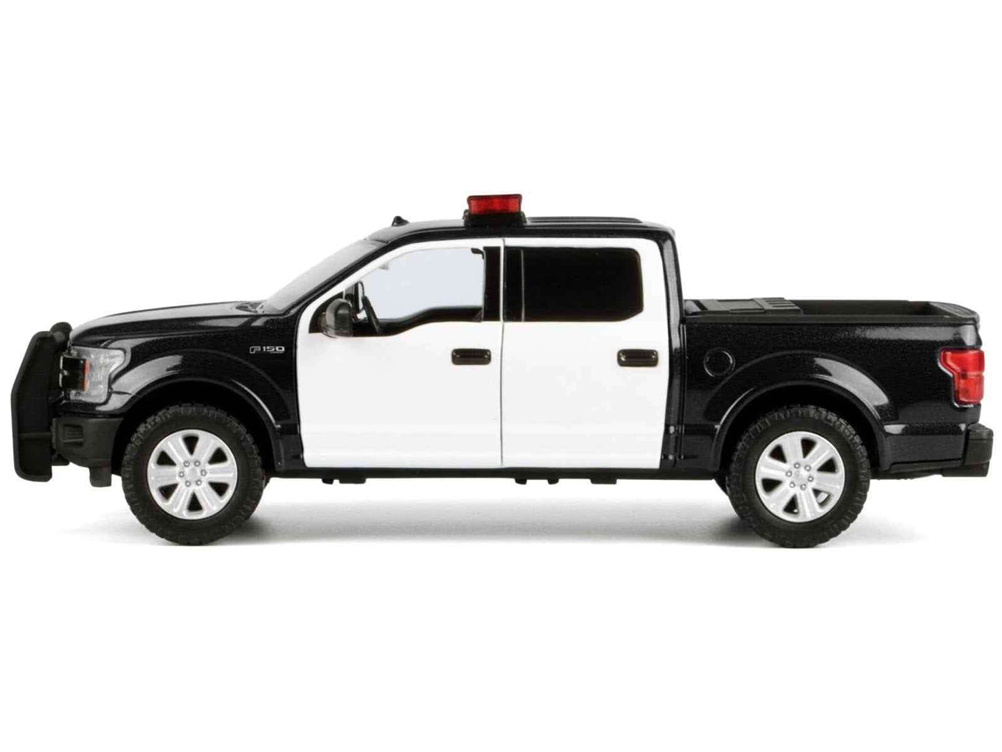 2019 Ford F-150 Lariat Crew Cab Pickup Truck Black and White with Flashing Light Bar and Front and Rear Lights and Sounds 1/27 Diecast Model Car by Motormax Miniature Motors Default Title Default Title-