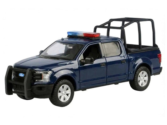 2019 Ford F-150 Lariat Crew Cab Pickup Truck with Bed Cage Dark Blue with Flashing Light Bar and Front and Rear Lights and Sounds 1/27 Diecast Model Car by Motormax Miniature Motors Default Title Default Title-