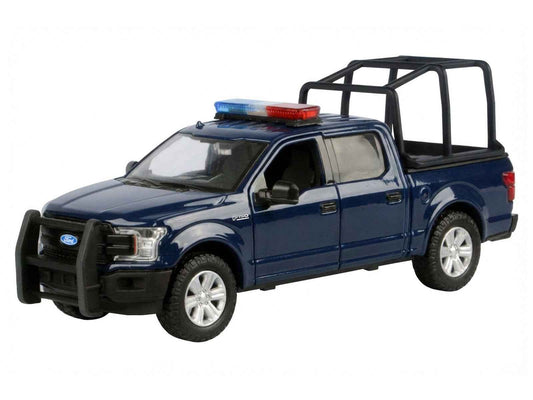 2019 Ford F-150 Lariat Crew Cab Pickup Truck with Bed Cage Dark Blue with Flashing Light Bar and Front and Rear Lights and Sounds 1/27 Diecast Model Car by Motormax Cartsfy Inc.