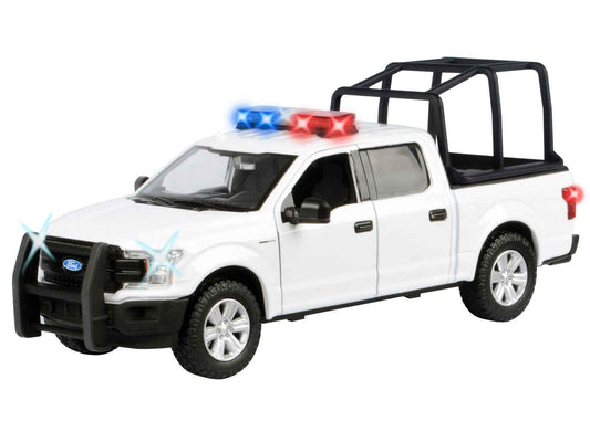 White diecast pickup truck model with light bar, bed cage, open grille and front wheels