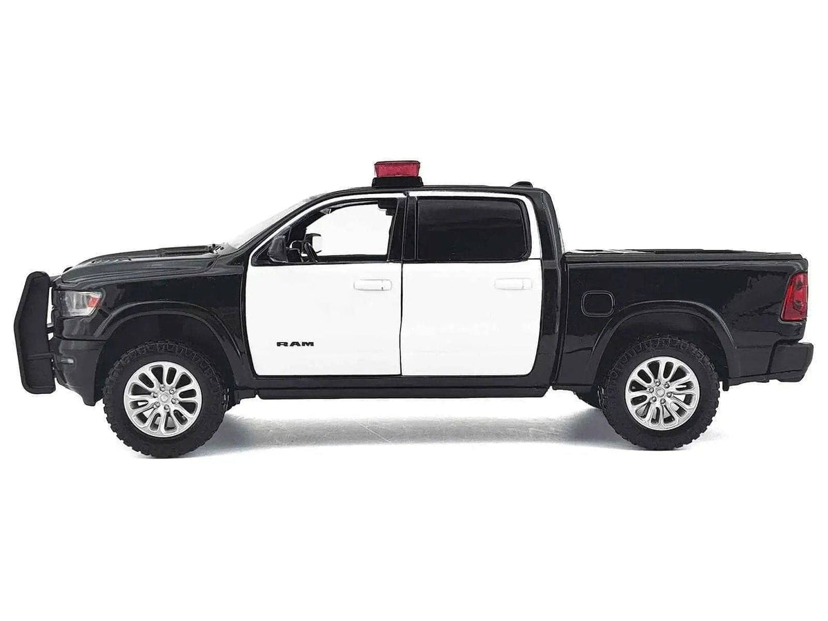 2019 RAM 1500 Laramie Crew Cab Pickup Truck Black and White with Flashing Light Bar and Front and Rear Lights and Sounds 1/27 Diecast Model Car by Motormax Miniature Motors Default Title Default Title-