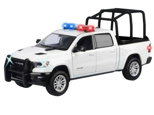 2019 RAM 1500 Laramie Crew Cab Pickup Truck with Bed Cage White with Flashing Light Bar and Front and Rear Lights and Sounds 1/27 Diecast Model Car by Motormax Miniature Motors Default Title Default Title-