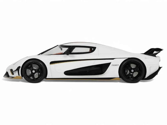 1/18 scale model car: white Koenigsegg Regera with black stripes, front side profile