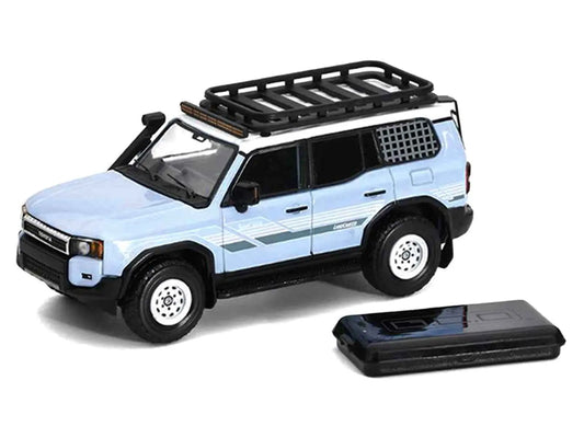 2024 Toyota Land Cruiser Prado Light Blue with White Top and Stripes with Roof Rack and Accessory 1/64 Diecast Model Car by GCD Cartsfy Inc.